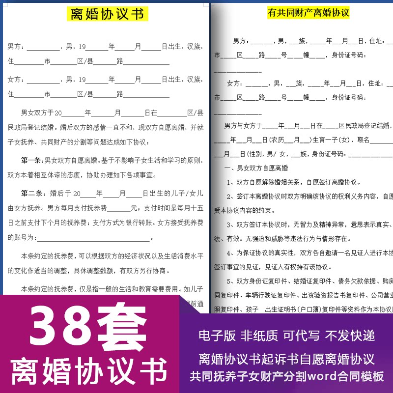 离婚协议书起诉书自愿离婚协议共同抚养子女财产分割文件word模板