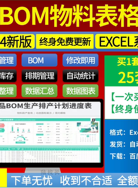 BOM物料清单统计表excel模板产品采购生产计划BOM物料生产排期表