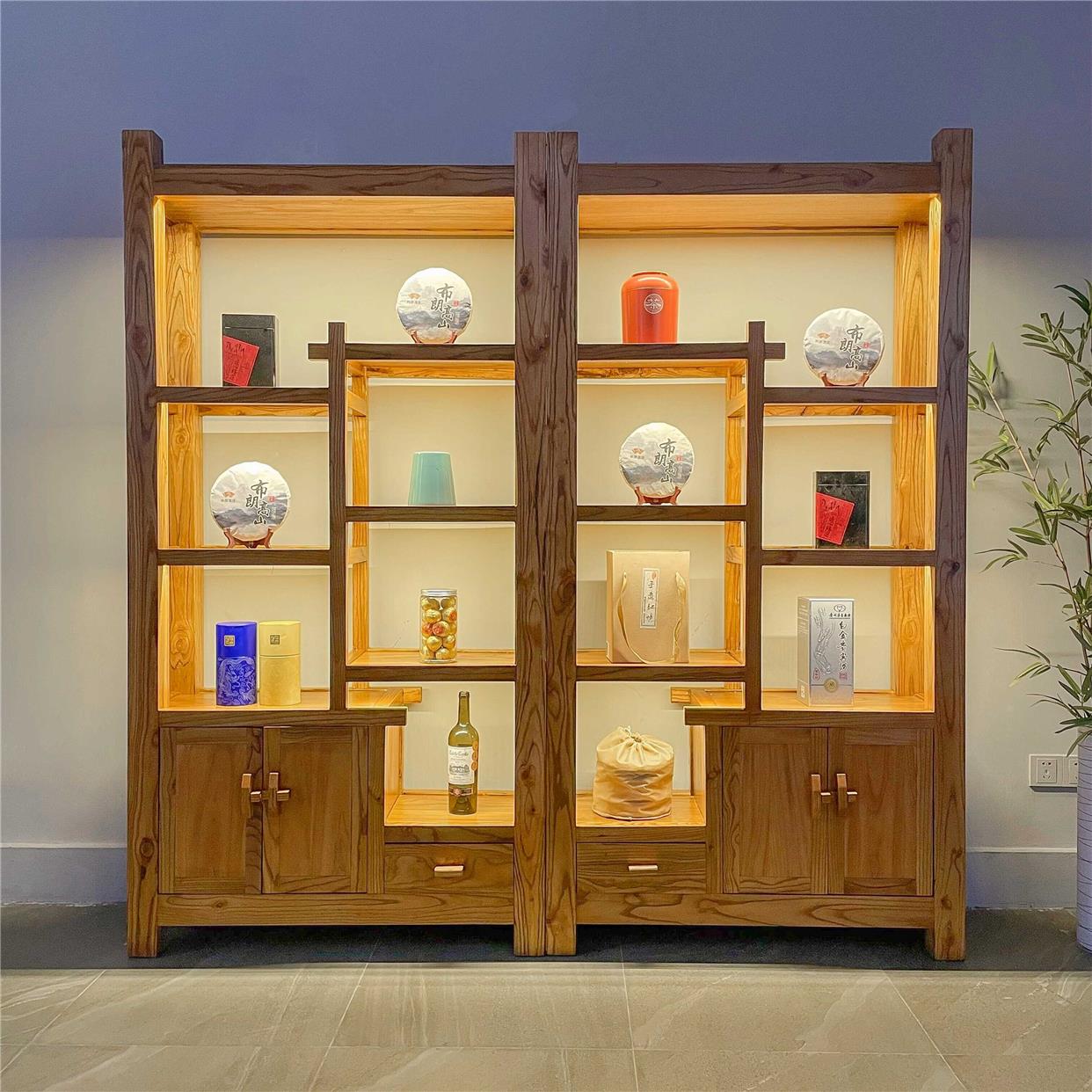 老榆木博古架博古架实木中式展示架陈列架老榆木隔断茶叶柜置物架