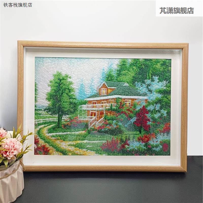 新款式立刺绣画框卧室景国客厅餐厅挂画风机绣装饰风体玄关壁画图片