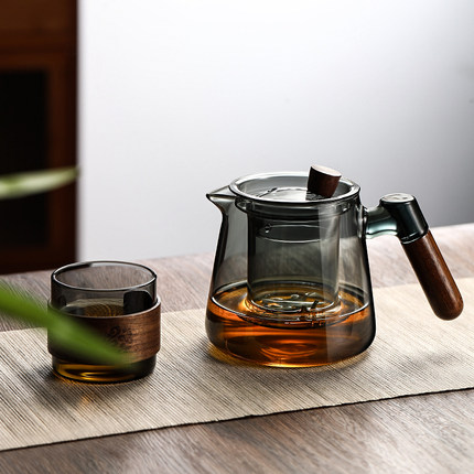 侧把煮茶壶玻璃耐高温木把防烫茶杯茶水分离过滤泡茶水壶茶具套装