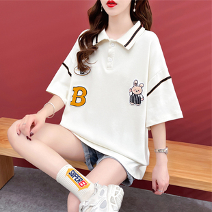宽松大码 设计感小众短袖 韩版 中长款 t恤女夏装 polo领日系上衣服潮