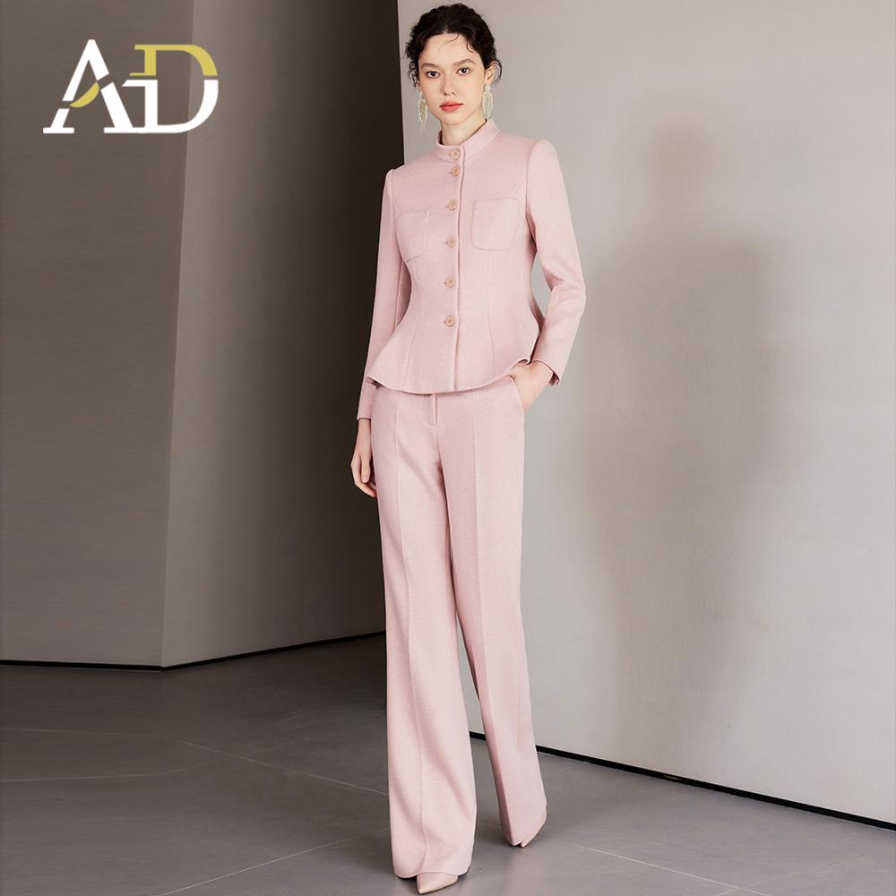 AD秋冬职业装气质女神范西装套装女高端粉色羊毛呢子西服两件套裤