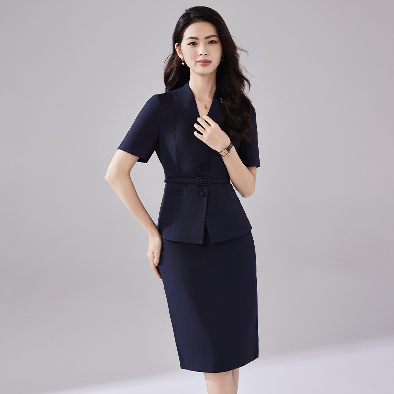 诗璐雅藏青色短袖西装套装女夏季职业工作服通勤裙西服西裙两件套
