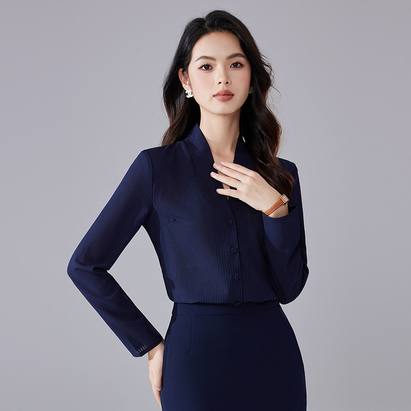 诗璐雅杏色时尚V领西装内搭长袖条纹衬衫女高级感OL职业通勤衬衣