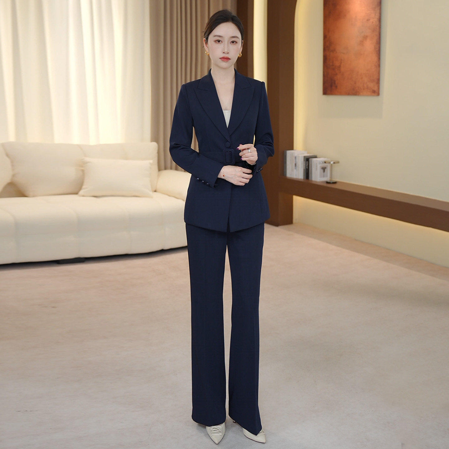 钟老板 高级感单排扣西装套装女春季新款藏青色职场通勤西服正装
