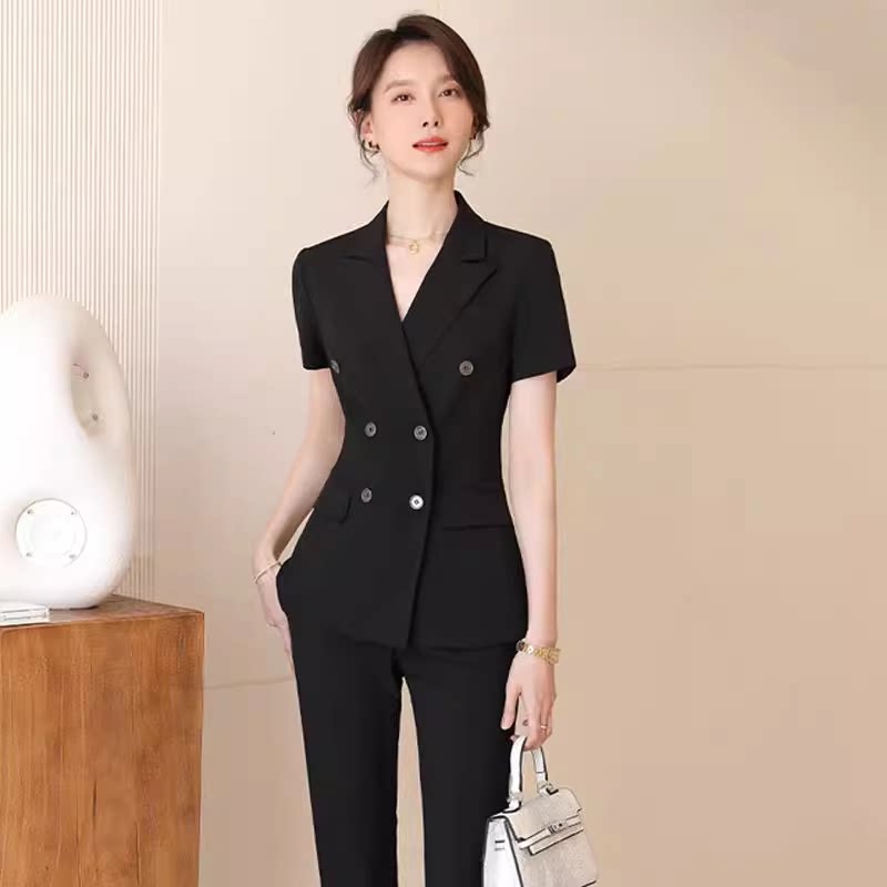 诗璐雅西装套装女夏双排扣商务正装气质经理职业装黑色面试工作服