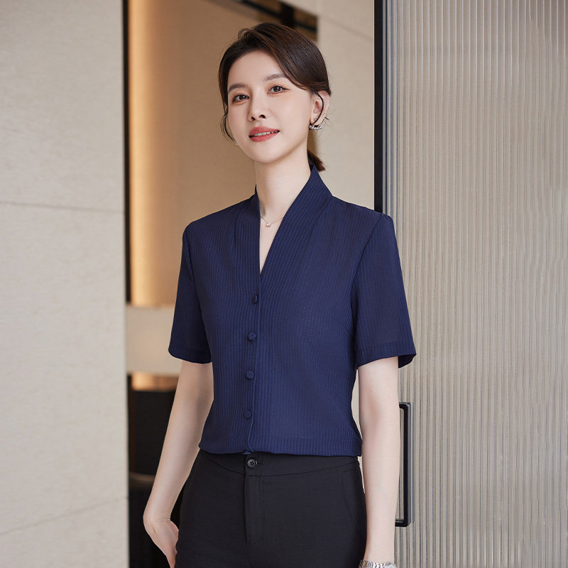诗璐雅V领衬衫女2026夏季新款通勤气质修身设计感藏青色职业衬衣