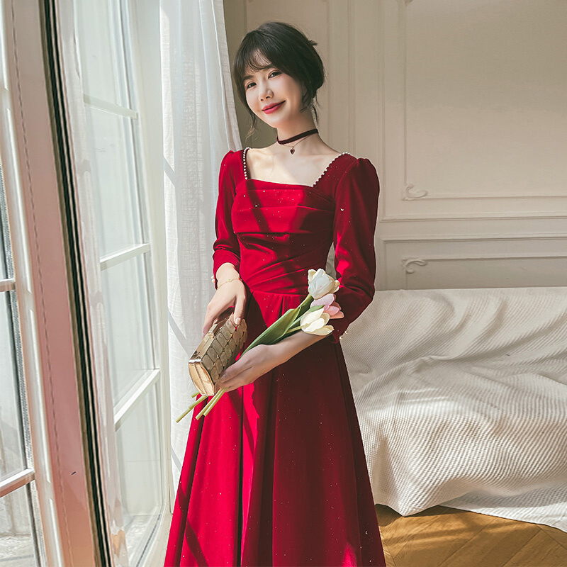 敬酒服新娘2021新款冬季酒红色结婚回门礼服平时可穿小个子长袖女