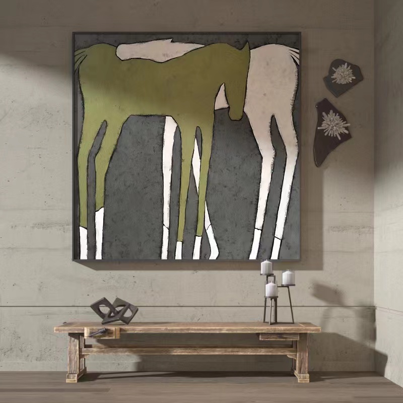 手绘油画马现代轻奢客厅玄关肌理画小清新餐厅挂画书房卧室装饰画