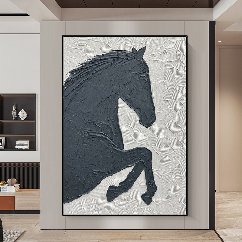 手绘油画骏马走廊玄关装饰画客厅背景墙挂画定制抽象立体厚肌理画图片