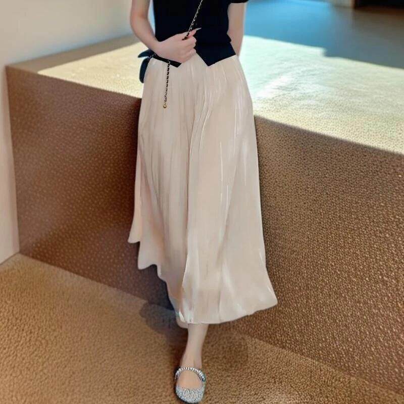 轻奢缎面阔腿裤女夏季流光网纱质感高腰宽松显瘦慵懒裤裙百褶裙