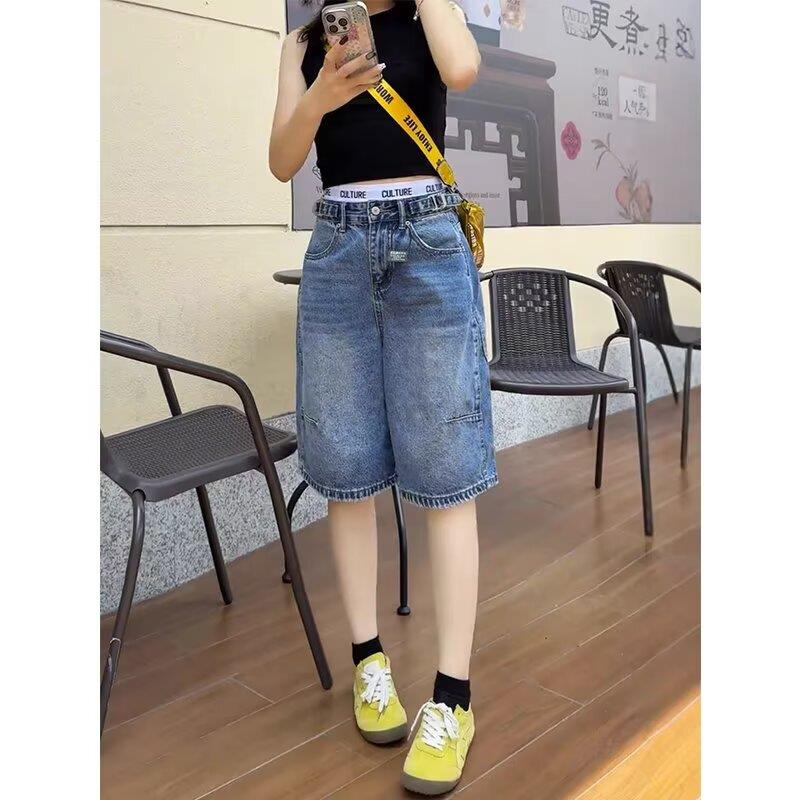 夏季新款大码时尚设计阔腿牛仔中裤女胖妹妹高腰显瘦宽松五分裤子