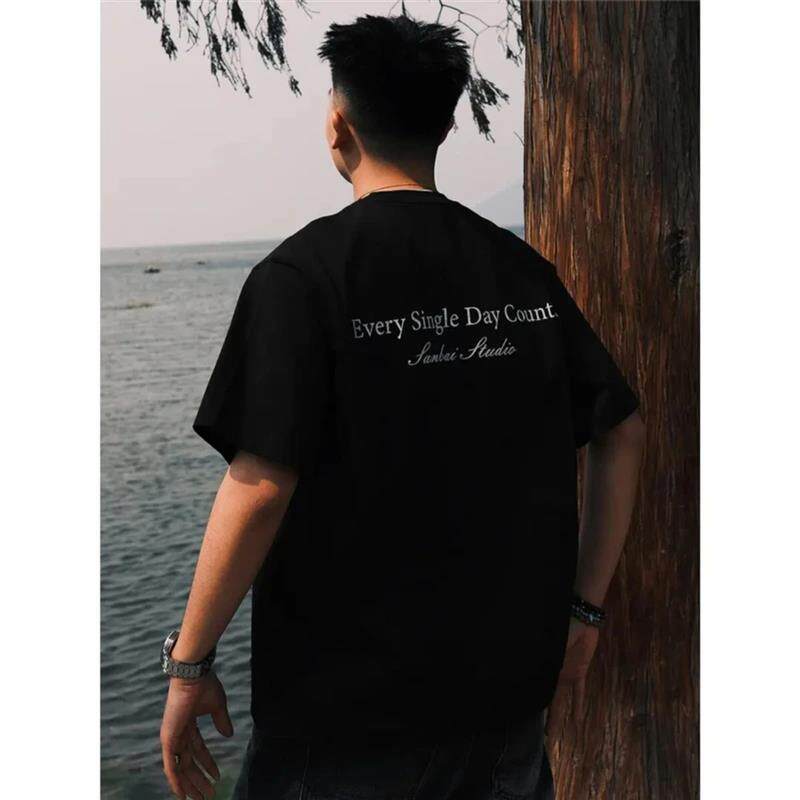 青云衣阁重磅短袖T恤男黑色印花夏季宽松美式高级感半袖潮流