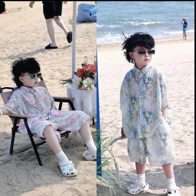 欧童甄选1儿童衬衫套装2026夏季新款男女童洋气花衬衫短裤套装
