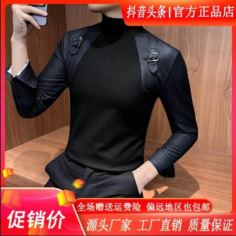 同慧轻奢t男装双1n2时尚牛仔背带设计半高领长袖男装高级感男士打