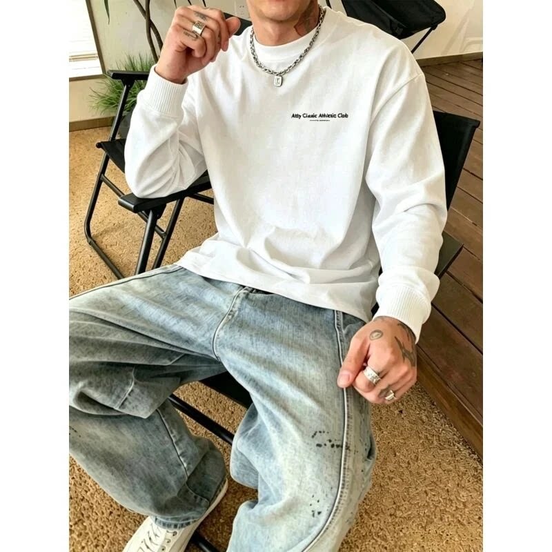 1禾禾优选集美式纯棉长袖t恤卫衣男女同款款宽松休闲设计感打底衫