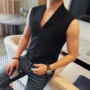 无袖 师凯服饰白C色深V领男士 潮流修身 背心夏季 气质正肩别致小衫