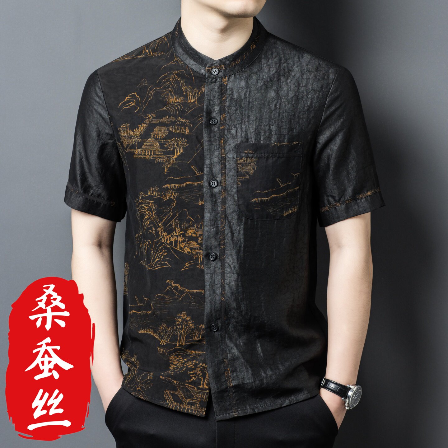 春竹世家中年短袖衬衫男100%桑蚕丝重磅真丝香云纱印花唐装高级感
