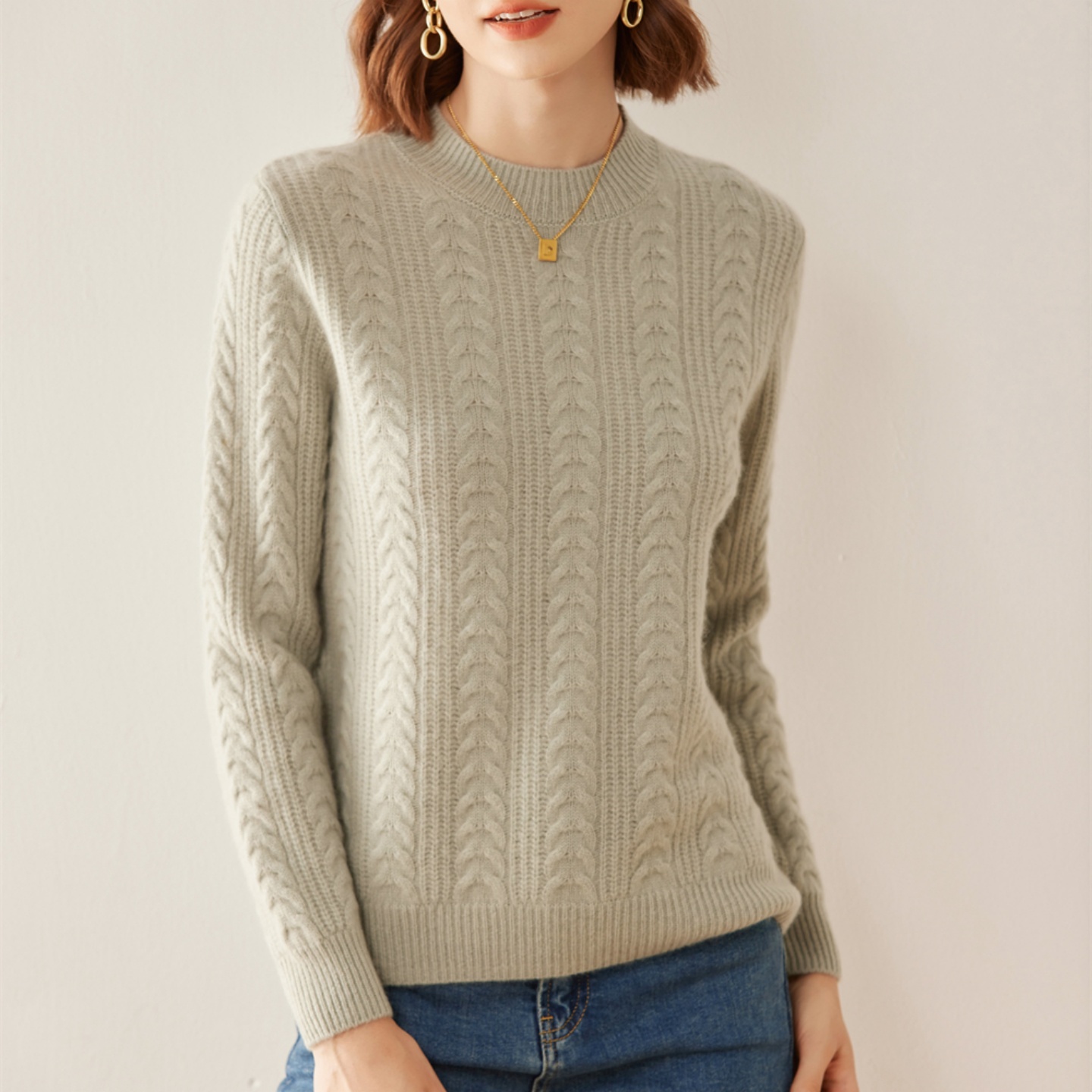 上海春竹女士圆领扭花山羊绒衫100%纯羊绒2025新款秋冬加厚针织衫