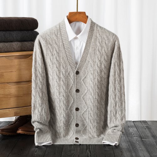 上海老牌春竹世家男士纯山羊绒衫扭花V领针织衫高档开衫毛衣外套