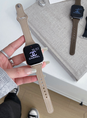 高级感小蛮腰真皮表带女适用苹果手表s9iwatch10代applewatch678