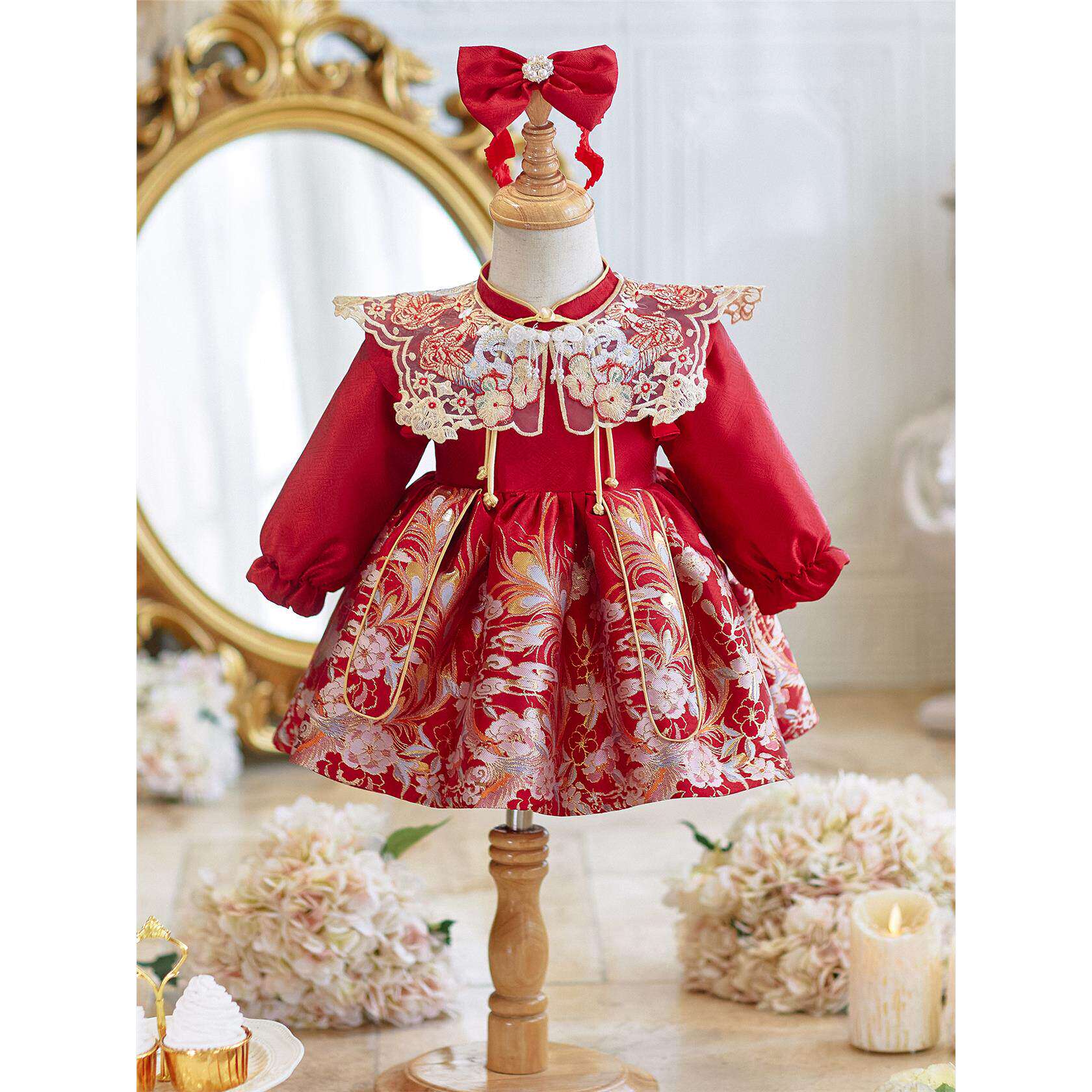 周岁女宝宝抓周礼服红色喜庆唐装公主裙高端小童婴儿生日抓阄衣服