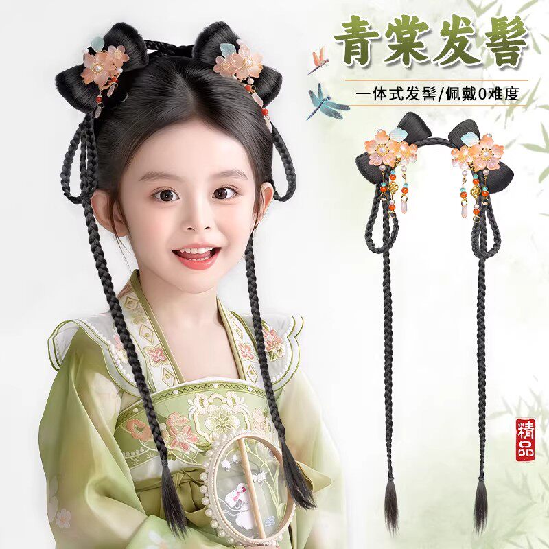 儿童汉服丸子头假发一体式发髻头饰女童花苞头盘发造型古风假发包