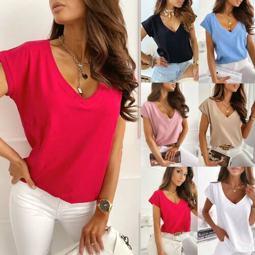 Women's Spring/Summer Solid Color V-Neck Simple T-Shirt