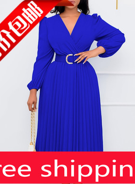 欧美大码时尚V领连衣裙女 Fashionable V-neck mid length dress