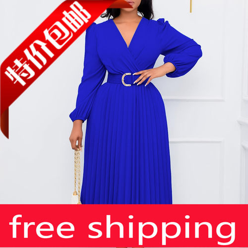 欧美大码时尚V领连衣裙女 Fashionable V-neck mid length dress