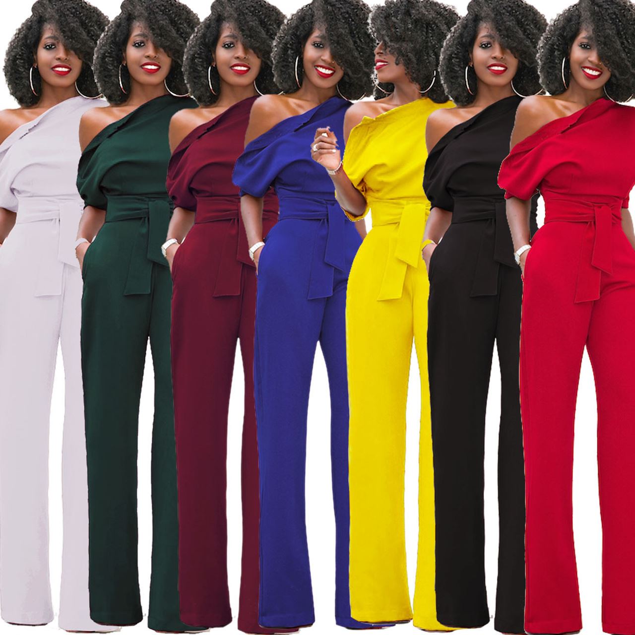 classic women jumpsuits african 经典纯色扣子连体裤阔腿裤5063