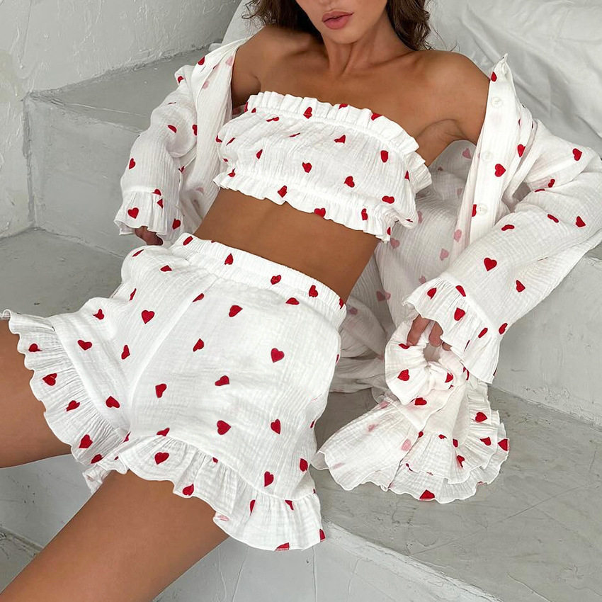 2024欧美性感抹胸爱心印花纯棉睡衣套装 Love printed pajama set