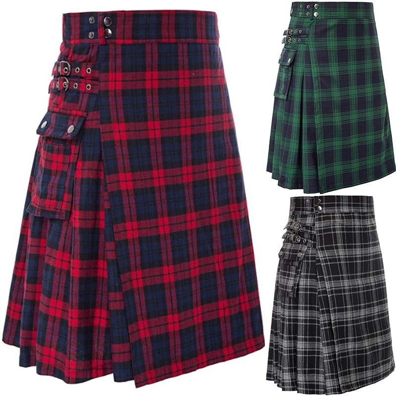 Men's Scottish Festival Dress Plaid Contrast Pleated Skirt男