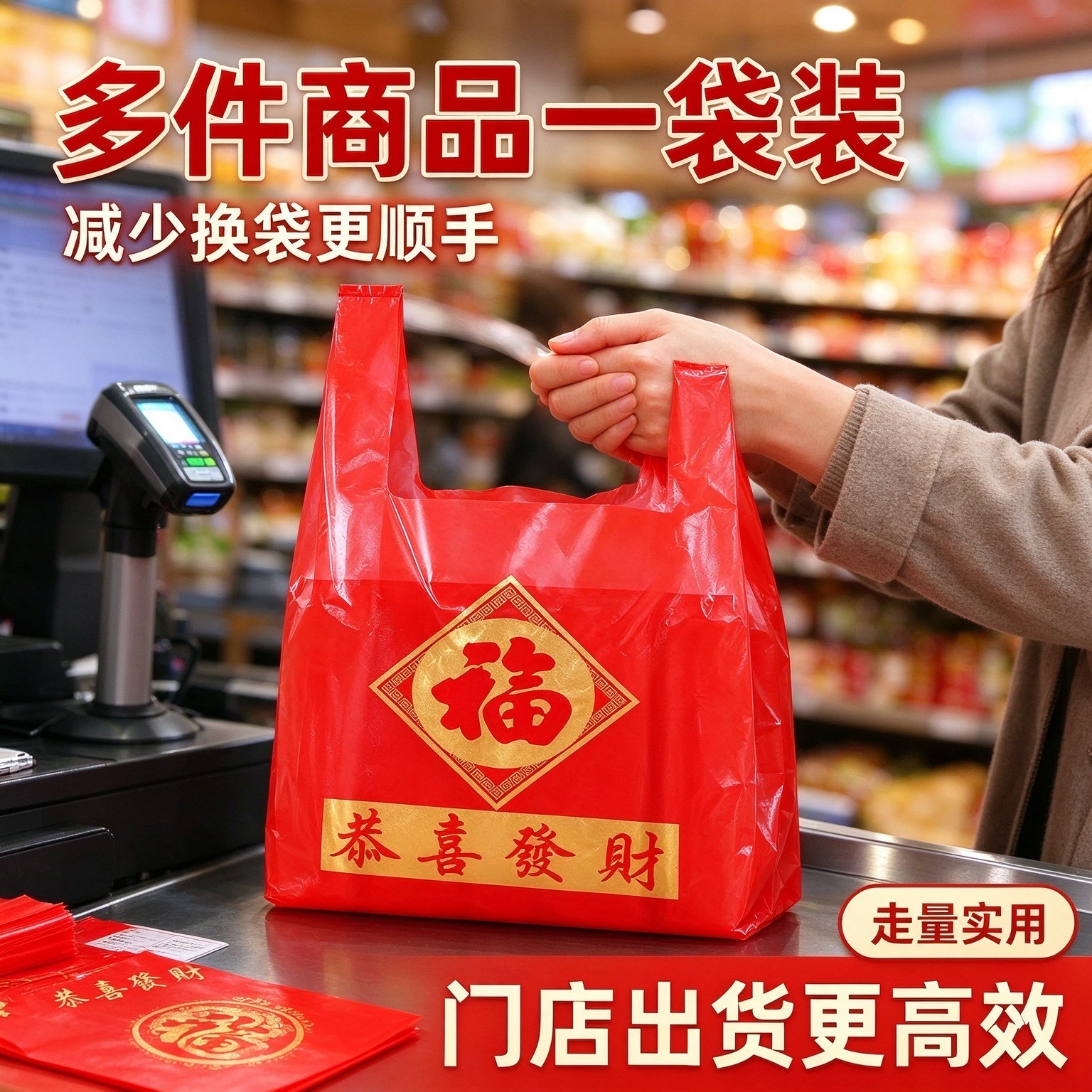 大红喜庆福字手提塑料袋便利店收银台打包加厚承重购物背心袋商用