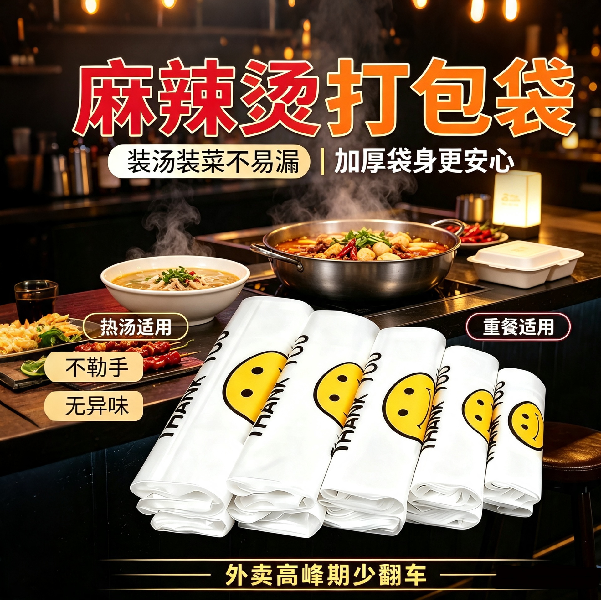 餐饮外卖防破笑脸打包袋白色加厚背心塑料袋奶茶门店一次性食品袋