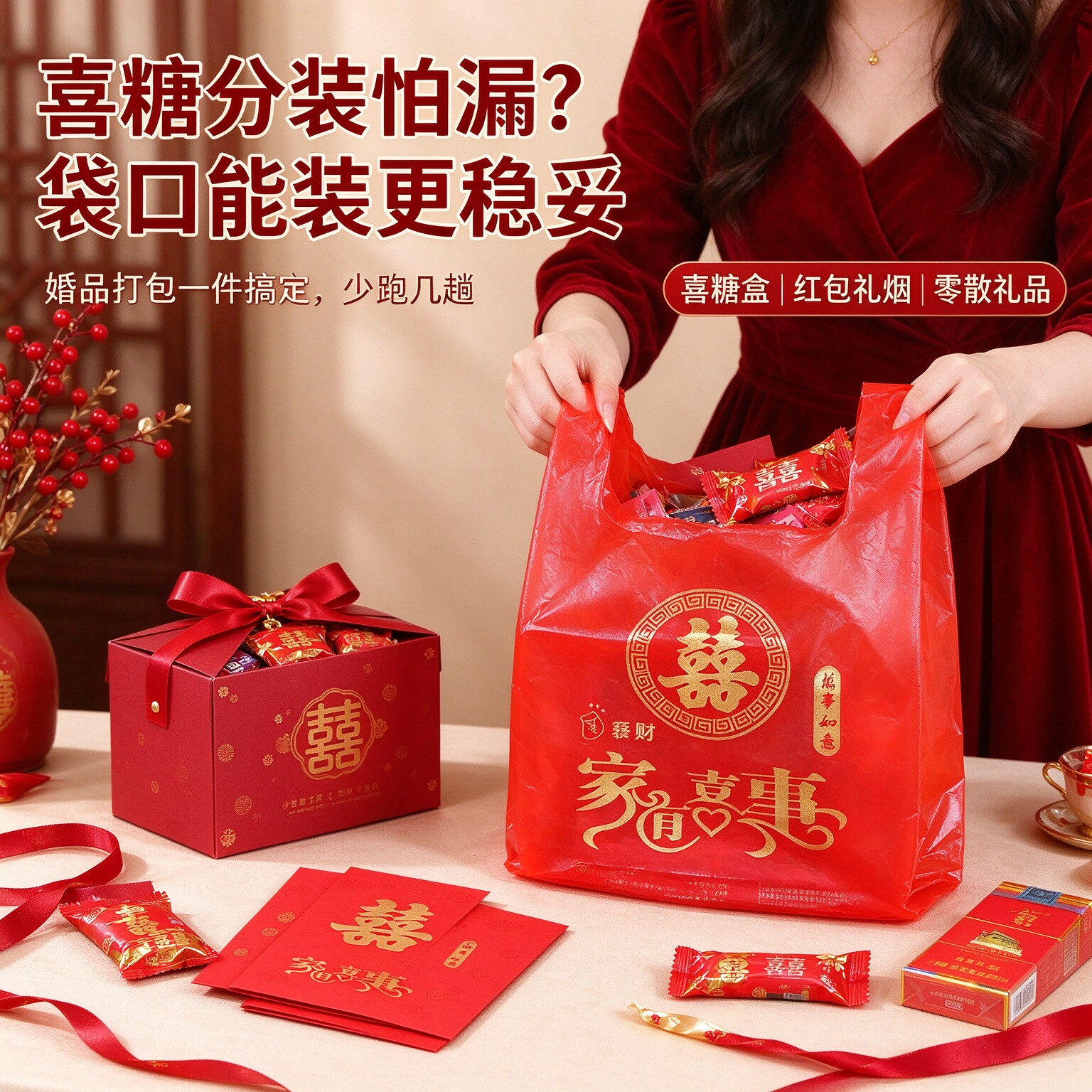 中式婚宴喜字手提塑料袋结婚回礼袋加厚红袋喜糖喜酒伴手礼打包袋