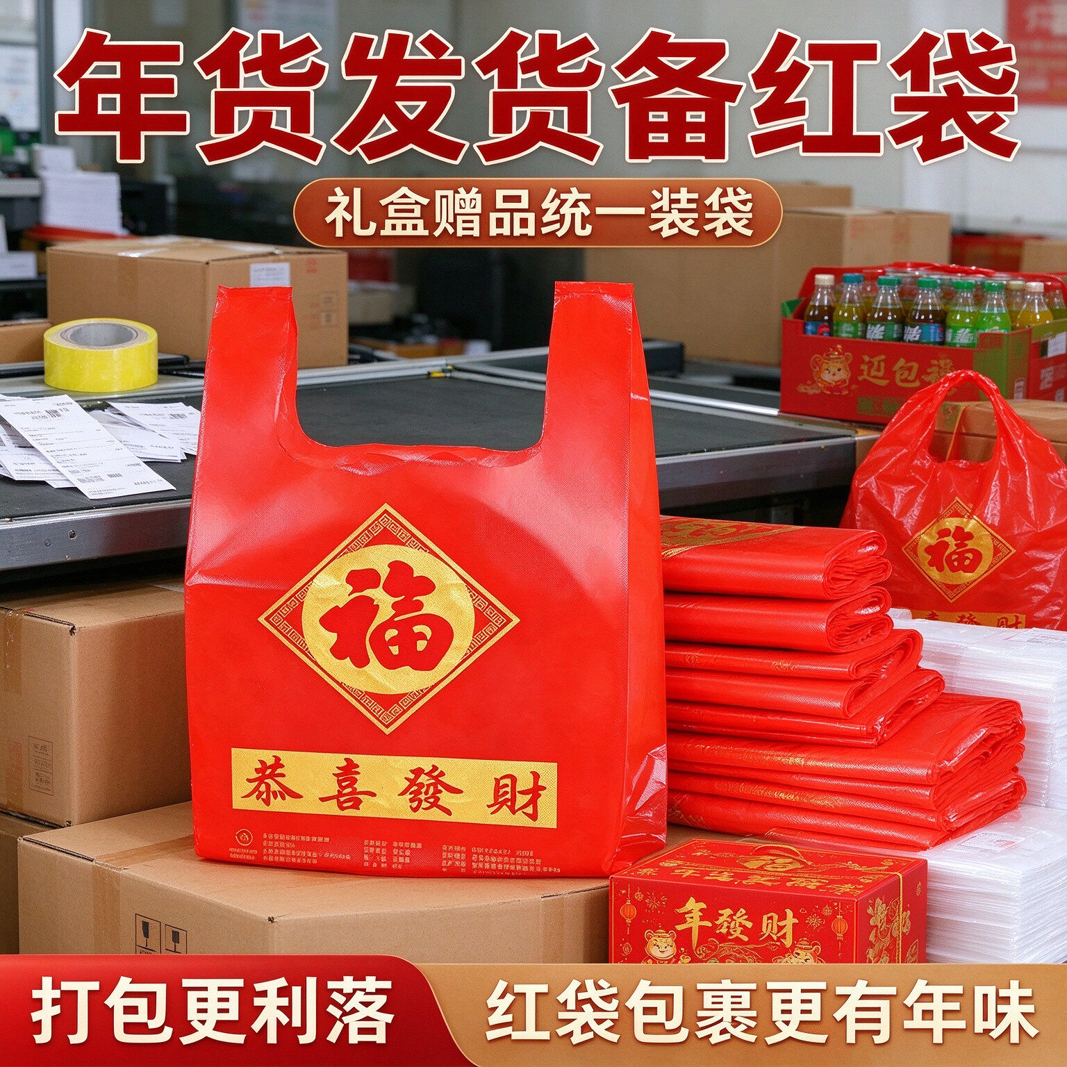 新年家庭备年货福字塑料袋零食分装袋拜年送礼红色马甲手提袋