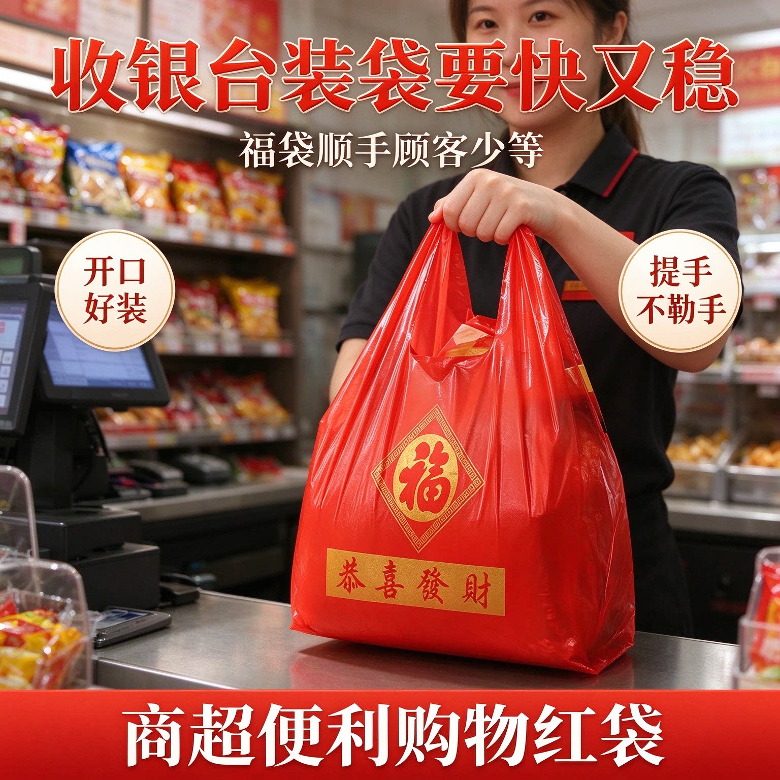 商超专用恭喜发财福字袋新料无异味便利店收银打包红色背心袋批发