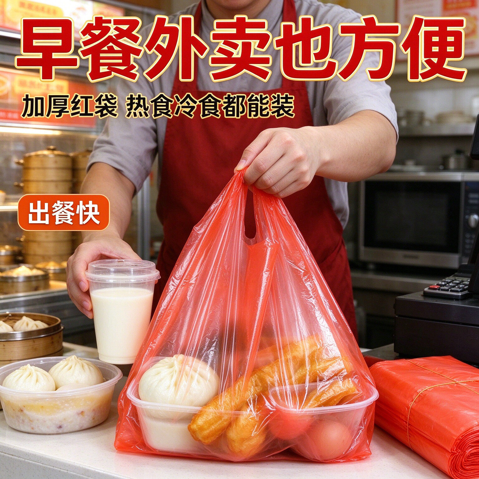 红色透明PE背心手提塑料袋餐饮外卖汤品打包食品手提塑料袋多规格