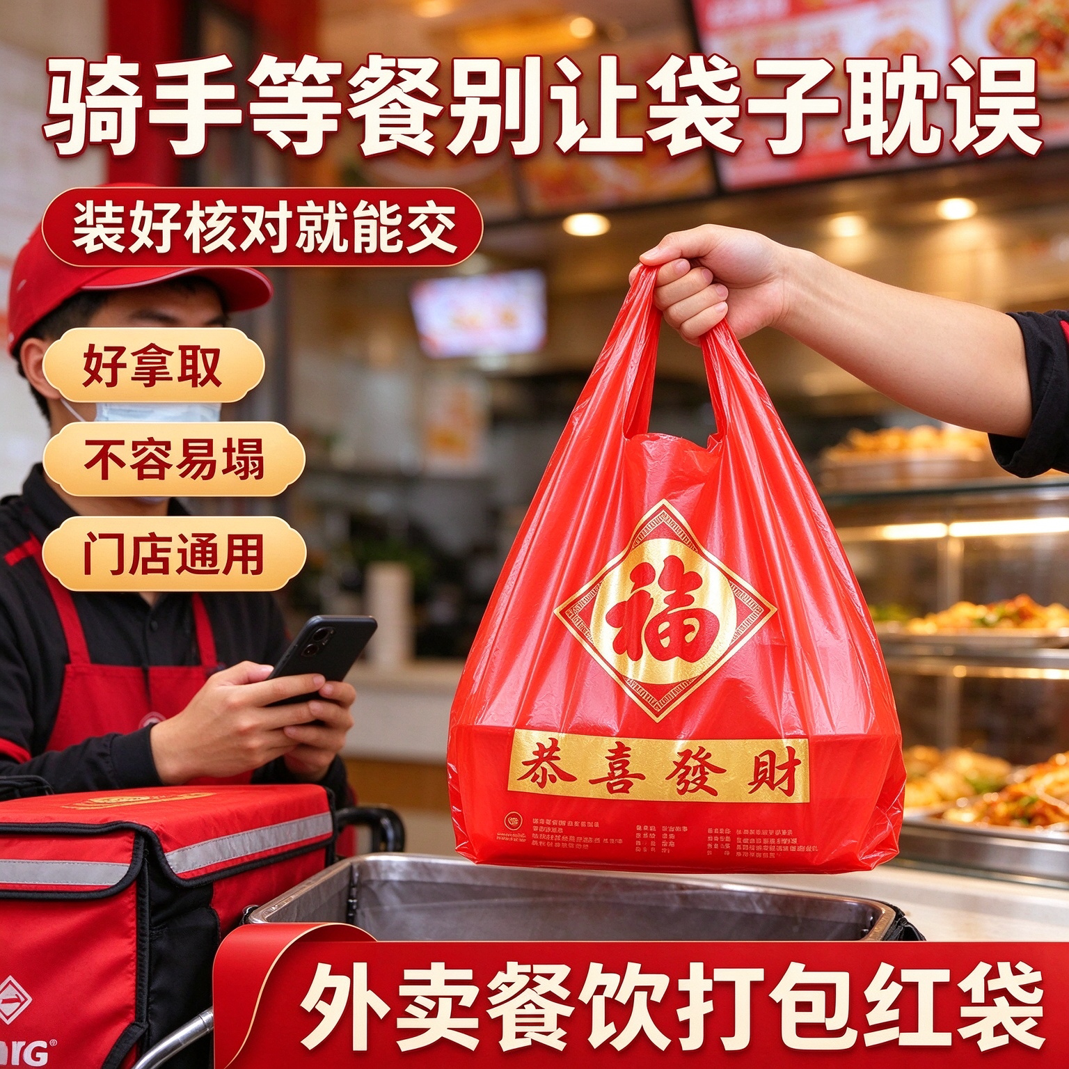 中式简餐外卖红福恭喜发财背心塑料袋加厚不勒手餐饮门店打包袋