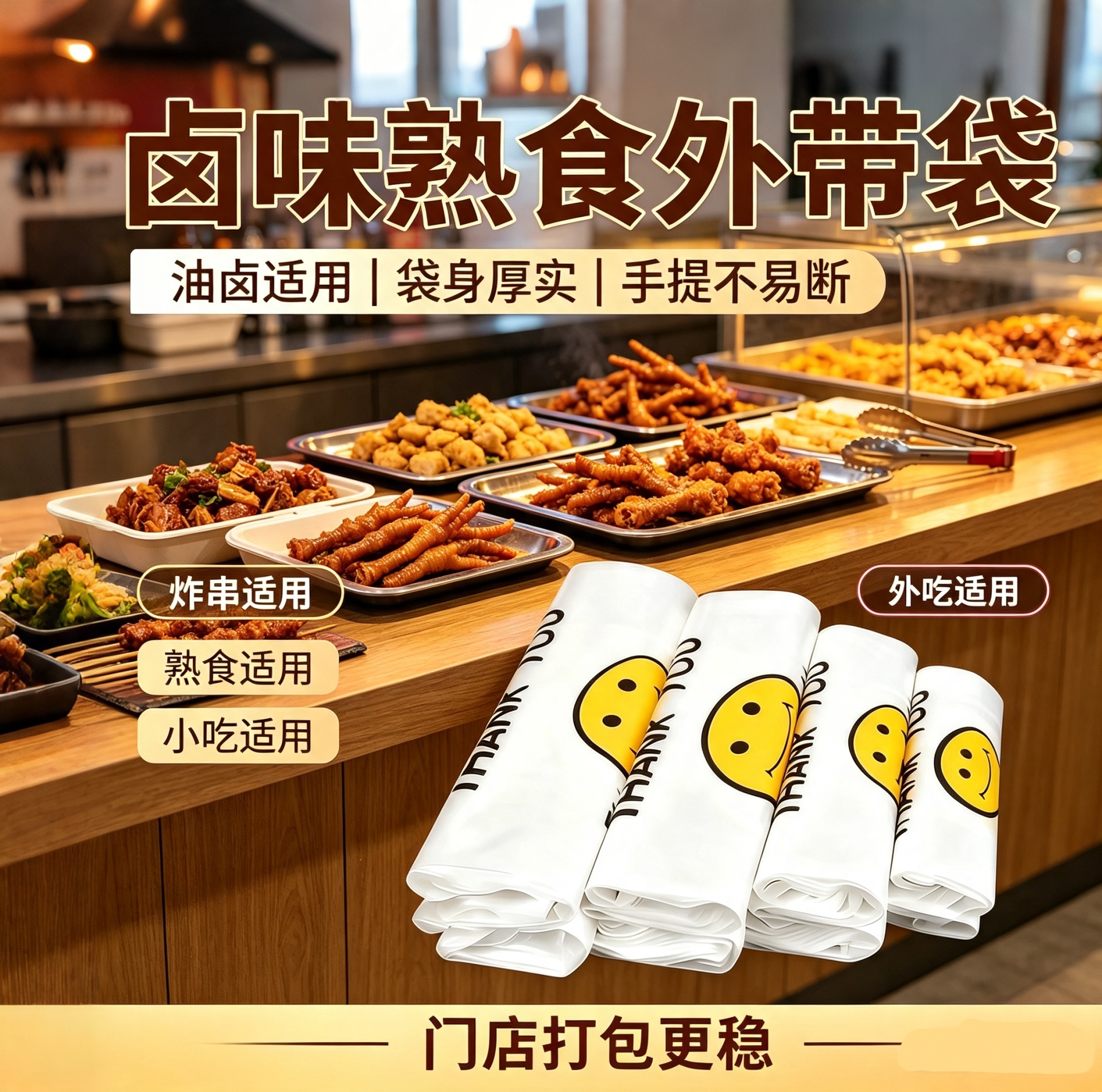 餐饮老板优选笑脸打包袋白色加厚塑料袋外卖用承重手提方便袋现货