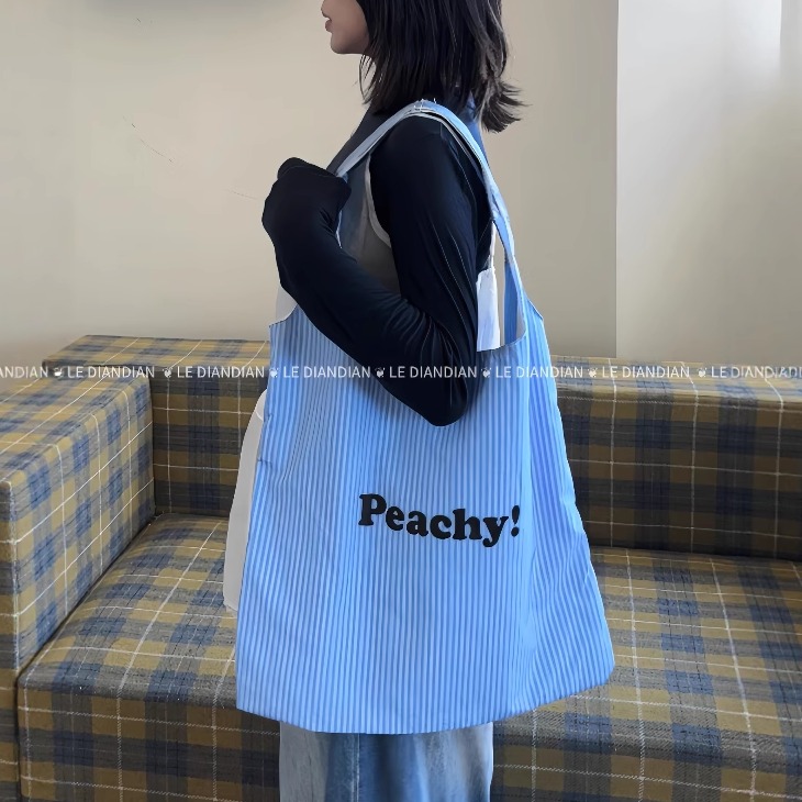 INS的蓝~新款韩系条纹字母帆布包慵懒风简约百搭大容量单肩托特包