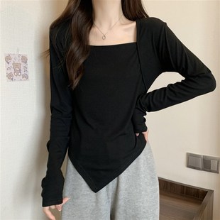 底恤打t衫 速发子春大码 微胖正肩上衣不规则遮肚早方领长袖