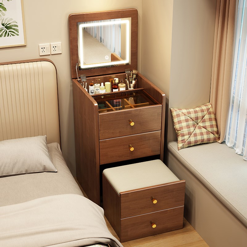 速发实木梳妆台斗室妆桌翻盖镜子家用卧柜床收小型多功能边纳柜