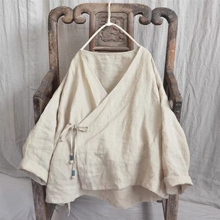 速发式古~新中捡复漏斜襟系带亚麻砂洗棉麻开衫禅意茶服长袖上衣