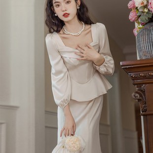 速发法式裙证登记小礼服秋时订婚穿搭缎面连衣领伴娘服平冬可穿