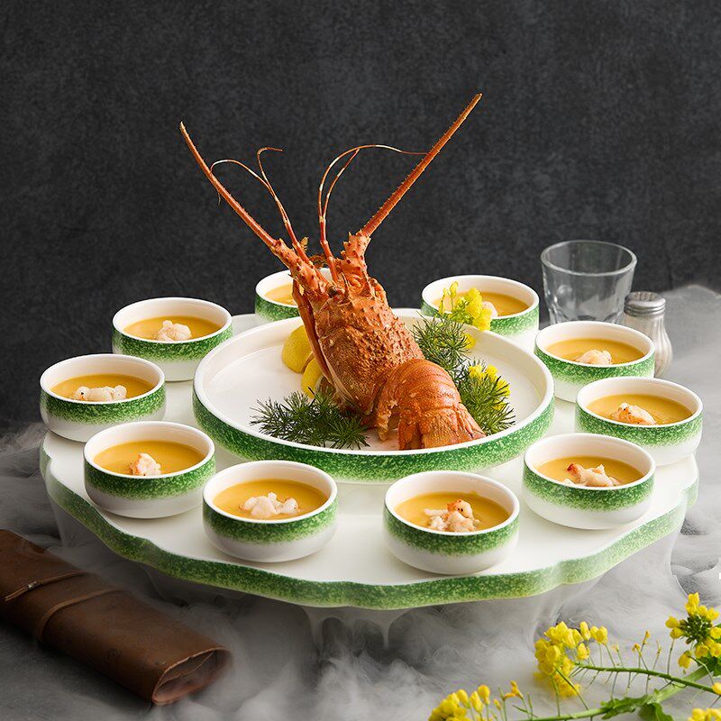 速发龙腾四海龙酒摆盘虾店会所创盘组合拼意海鲜干冰刺身盘子意境