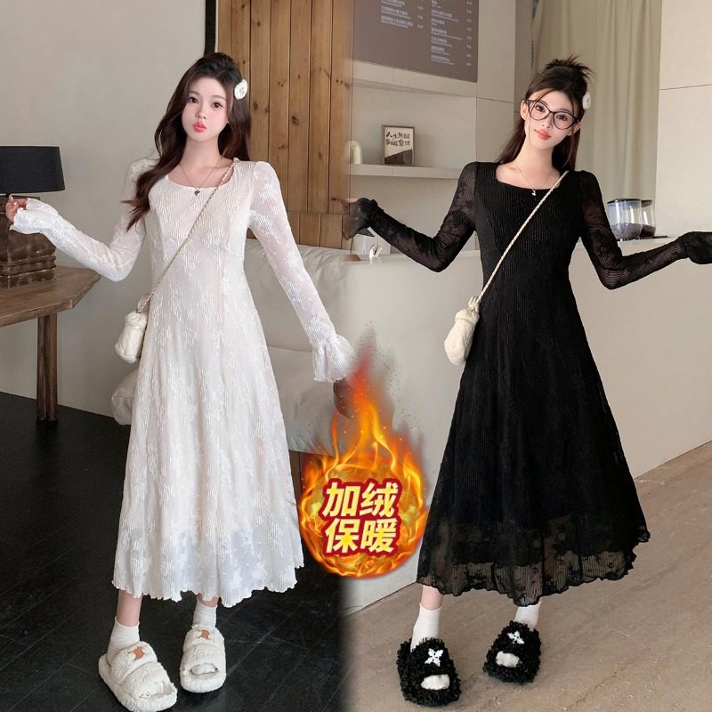 速发大连秋冬加绒加厚法式气质蕾丝码衣裙收腰a内字搭打底长裙