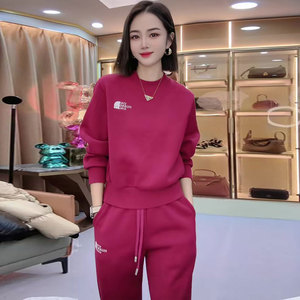 加绒加厚时尚运动套装红色轻奢显瘦保暖卫衣慵懒宽松休闲卫裤女冬
